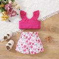 2pcs Baby Girl 95% Cotton Rib Knit Spliced V Neck Lace Tank Crop Top and Allover Floral Print Shorts Set Hot Pink