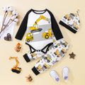 3pcs Baby Boy Raglan-sleeve Construction Vehicle Print Romper and Pants with Hat Set OffWhite