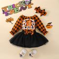 Halloween 3pcs Baby Girl Plaid Long-sleeve Graphic Romper and Bow Front Mesh Tutu Skirt with Headband Set Orange