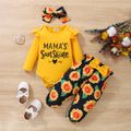 3pcs Baby Girl 95% Cotton Long-sleeve Letter Print Romper and Bow Front Allover Sunflower Print Pants with Headband Set Yellow image 1