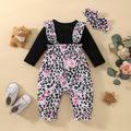 2pcs Baby Girl 95% Cotton Long-sleeve Faux-two Bear Embroidered Spliced Floral & Leopard Print Ruffle Trim Jumpsuit with Headband Set Black