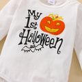 Halloween 3pcs Baby Girl 95% Cotton Long-sleeve Graphic Romper and Allover Pumpkin & Ghost Print Ruffle Suspender Skirt with Headband Set White