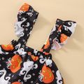 Halloween 3pcs Baby Girl 95% Cotton Long-sleeve Graphic Romper and Allover Pumpkin & Ghost Print Ruffle Suspender Skirt with Headband Set White