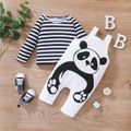 2pcs Baby Boy/Girl 95% Cotton Panda Print Overalls and Long-sleeve Striped Tee Set White image 1