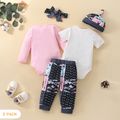 5-Pack Baby Girl 95% Cotton Letter Graphic Rompers and Allover Print Pants with Hat & Headband Set MultiColour