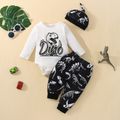 3pcs Baby Boy Long-sleeve Letter & Dinosaur Print Romper and Pants with Hat Set White image 1