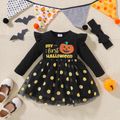 Halloween 2pcs Baby Girl Ruffle Long-sleeve Pumpkin & Letter Print Spliced Polka Dot Mesh Dress with Headband Set Black