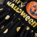 Halloween 2pcs Baby Girl Ruffle Long-sleeve Pumpkin & Letter Print Spliced Polka Dot Mesh Dress with Headband Set Black