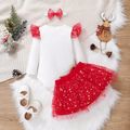 Christmas 3pcs Baby Girl Reindeer & Letter Print Ruffle Long-sleeve Romper and Glitter Mesh Skirt with Headband Set REDWHITE image 2