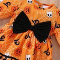 Halloween 2pcs Baby Girl Bow Front Allover Print Long-sleeve Pom Poms Romper with Headband Set Orange