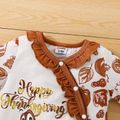 Thanksgiving Baby Girl Turkey & Letter Graphic Spliced Allover Print Long-sleeve Button Front Jumpsuit White image 3