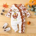 Thanksgiving Baby Girl Turkey & Letter Graphic Spliced Allover Print Long-sleeve Button Front Jumpsuit White image 1