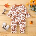 Thanksgiving Baby Girl Turkey & Letter Graphic Spliced Allover Print Long-sleeve Button Front Jumpsuit White image 2