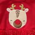 Christmas Baby Girl 95% Cotton Long-sleeve Deer Embroidered Spliced Glitter Mesh Dress Red image 4