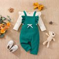 3pcs Baby Girl Solid Long-sleeve Waffle Top and Ruffle Trim Overalls with Headband Set Green