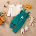 3pcs Baby Girl Solid Long-sleeve Waffle Top and Ruffle Trim Overalls with Headband Set Green image 3