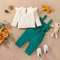 3pcs Baby Girl Solid Long-sleeve Waffle Top and Ruffle Trim Overalls with Headband Set Green image 2