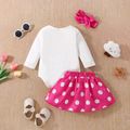 Thanksgiving Day 3pcs Baby Girl 95% Cotton Long-sleeve Turkey & Letter Embroidered Romper and Polka Dot Print Skirt with Headband Set Pink image 2