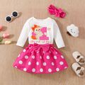 Thanksgiving Day 3pcs Baby Girl 95% Cotton Long-sleeve Turkey & Letter Embroidered Romper and Polka Dot Print Skirt with Headband Set Pink image 3