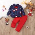2pcs Toddler Boy Christmas Santa Print Shirt and Red Pants Set Deep Blue image 1