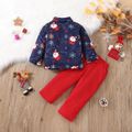 2pcs Toddler Boy Christmas Santa Print Shirt and Red Pants Set Deep Blue image 2