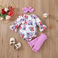 3pcs Baby Girl Allover Floral Print Flare-sleeve Bow Front Romper and Headband with Calf Sleeves Set Purple image 2