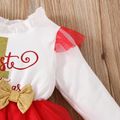 Christmas 2pcs Baby Girl 95% Cotton Frill Trim Mock Neck Long-sleeve Letter Print Bow Front Mesh Dress with Headband Set White image 5