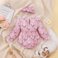 2pcs Baby Girl Allover Floral Print Corduroy Spliced Lace Long-sleeve Bow Front Romper with Headband Set Pink image 2