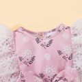 2pcs Baby Girl Allover Floral Print Corduroy Spliced Lace Long-sleeve Bow Front Romper with Headband Set Pink image 3