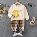 2pcs Toddler Boy Playful Lion Print Sweatshirt and Plaid Pants Set Creamcolored image 1