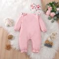 2pcs Baby Girl Elephant Embroidered Pink Floral Ruffle Trim Long-sleeve Jumpsuit with Headband Set Pink image 2