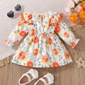 Baby Girl Allover Floral Print Ruffle Trim Pom Poms Bow Decor Long-sleeve Dress Orange image 2