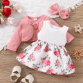 3pcs Baby Girl Floral Print & Solid Spliced Tank Dress and Pink Waffle Long-sleeve Cardigan & Headband Set Pink image 1