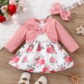 3pcs Baby Girl Floral Print & Solid Spliced Tank Dress and Pink Waffle Long-sleeve Cardigan & Headband Set Pink image 2