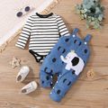 2pcs Baby Boy Long-sleeve Striped Romper and Elephant Graphic Overalls Set Bluish Grey image 2