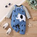 2pcs Baby Boy Long-sleeve Striped Romper and Elephant Graphic Overalls Set Bluish Grey image 1