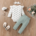 3pcs Baby Girl 95% Cotton Ribbed Allover Heart Print Ruffle Long-sleeve Romper and High Waist Leggings with Headband Set Turquoise image 2