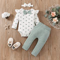 3pcs Baby Girl 95% Cotton Ribbed Allover Heart Print Ruffle Long-sleeve Romper and High Waist Leggings with Headband Set Turquoise image 1