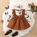 2pcs Baby Girl Butterfly Print Long-sleeve Spliced Solid Ruffle Trim Bow Front Dress with Headband Set Brown image 1