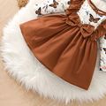 2pcs Baby Girl Butterfly Print Long-sleeve Spliced Solid Ruffle Trim Bow Front Dress with Headband Set Brown image 4