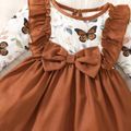 2pcs Baby Girl Butterfly Print Long-sleeve Spliced Solid Ruffle Trim Bow Front Dress with Headband Set Brown image 3