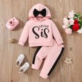 2pcs Baby Girl Bow Front Letter Print Long-sleeve Hoodie and Colorblock Pants Set Pink image 1
