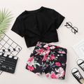 Fashionable Kid Girl 2pcs Floral Print Vacation Suits Black