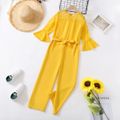 Kid Girl Flower Embroidery Lace Hollow out Bell sleeves (Multi Color Available) Jumpsuits with Belt Yellow