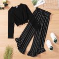 2-piece Kid Girl 100% Cotton Tie Knot Long-sleeve Solid Top and Stripe Ruffled Pants Black