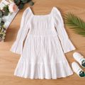 Kid Girl Square Neck Tiered Long-sleeve Solid Color Dress White