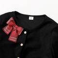 2-piece Kid Girl Christmas Sleeveless Plaid Dress and Bowknot Button Design Black Cardigan Set Red