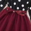 Kid Girl Polka dots Stitching Bowknot Design Long-sleeve Mesh Dress Burgundy