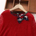 2-piece Kid Girl Christmas Lace Bowknot Design High Low Long-sleeve Red Top and Tree Polka dots Print Leggings Set Red image 3