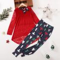 2-piece Kid Girl Christmas Lace Bowknot Design High Low Long-sleeve Red Top and Tree Polka dots Print Leggings Set Red image 1